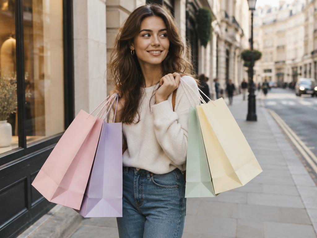 A woman carrying plain pastel shopping bags