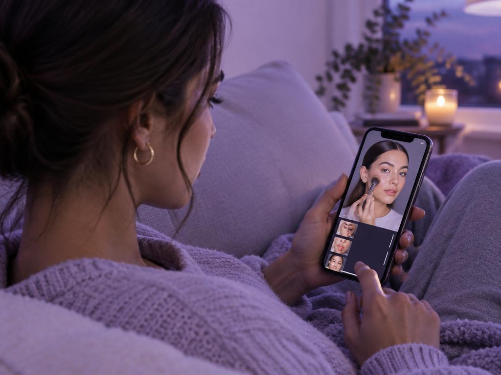 A woman scrolling beauty videos on her phone