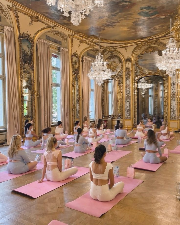 A pilates class in a gilded salon